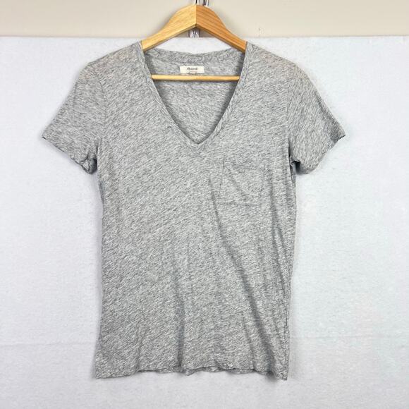 Lot Of 2 MADEWELL Women's V Neck Cotton Tee Shirts Blue Striped & Solid Gray - Picture 3 of 10